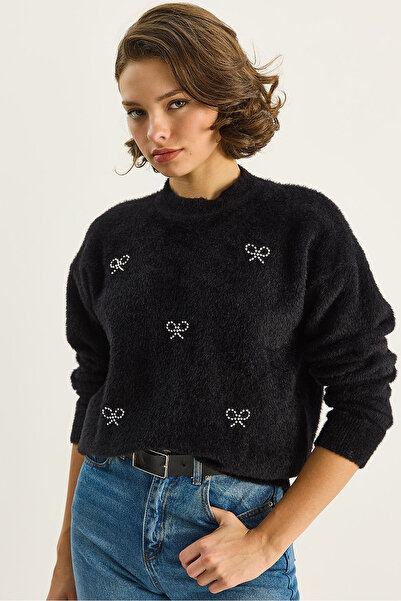 Bianco Lucci Pulover tricotat cu textura moale pentru femei, cu fundă cu barbă, cu mărgele brodate W25029 60283749