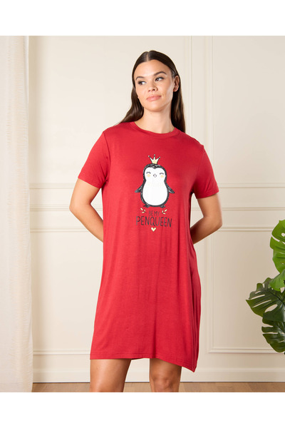 REDTAG Women Red Penguin Print Nightdress