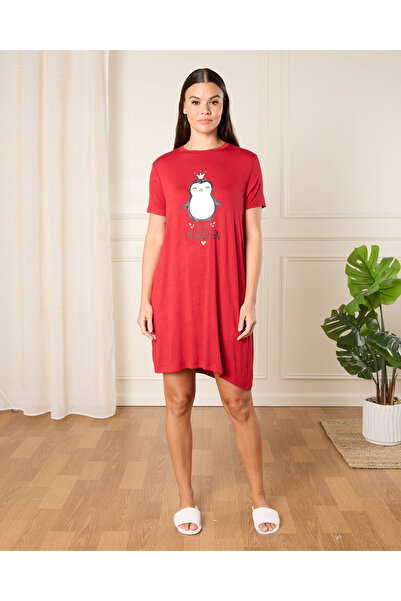 REDTAG Women Red Penguin Print Nightdress