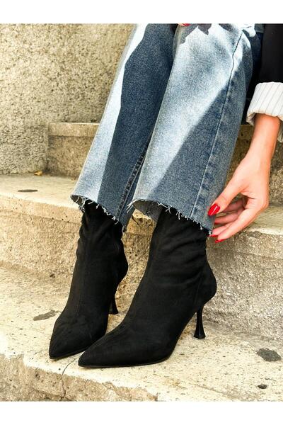 ERVANIN BUTİĞİ Süet Siyah Streç (Seth) Topuklu Kadın Bot