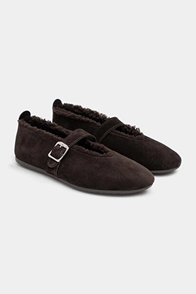 NİŞANTAŞI SHOES Norton Brown Suede Genuine Leather Buckle Inside Fur Lined Flat Sole Women's Ballerinas