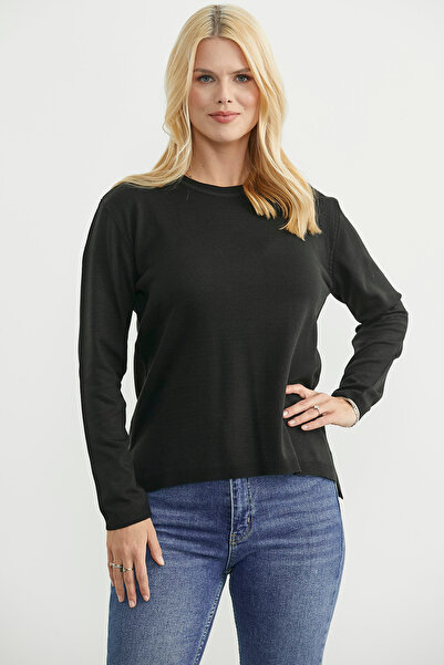Sementa Crew Neck Long Back Knit Sweater - Black