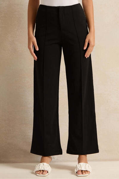 REDTAG Women Black Side Gold Embellished Trousers