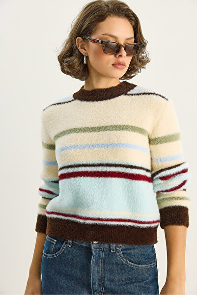 Bianco Lucci Women's Crew Neck Soft Textured Striped Plush Sweater 2507 60283725