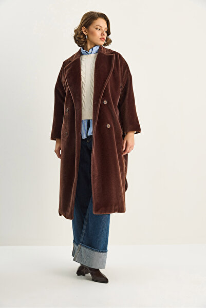 Bianco Lucci Women's Bearded Soft Textured Double-Breasted Collar Lined Pocket Detailed Belted Coat 7021 60283753