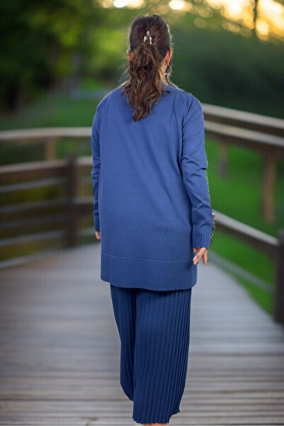 yagmurberen Button Detail Long Tunic Pleated Waist Elasticated Pants Plus Size Mercherized Suit