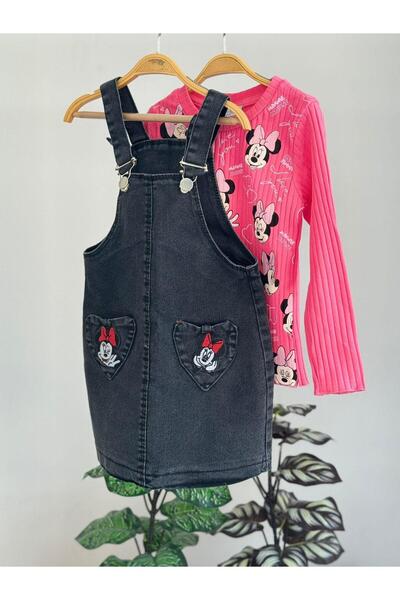 LİLLYPİCCA Girl's Printed Corded Fabric Badi and Embroidered Denim Salopet Set