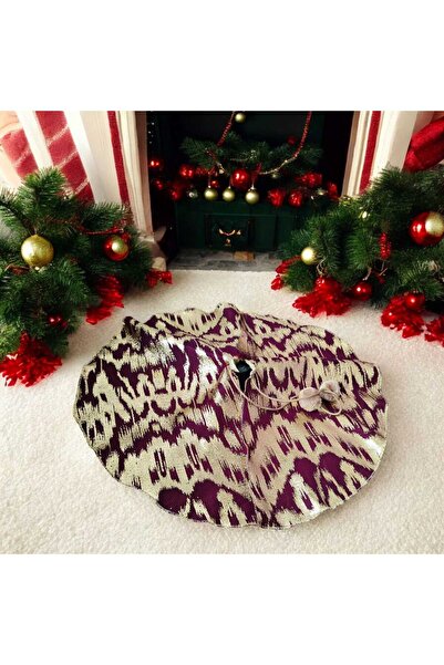 MODA NUR Christmas Tree Underlay, Pine Tree Foot Mat Cover, Burgundy Color, Gold Leaf Pattern, 65 cm