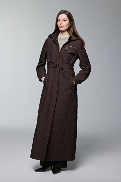 Zühre Hooded Brown Top Coat with Zipper and Belt Detail 13993