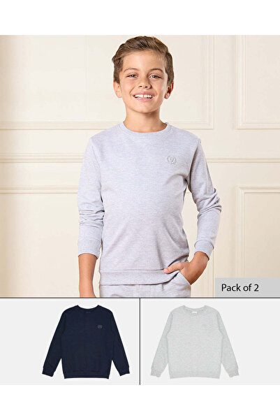 REDTAG Boys Grey And Navy Solid Sweatshirt Set (Pack of 2)