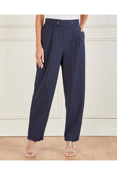 REDTAG Women Navy Striped Tapered Trousers