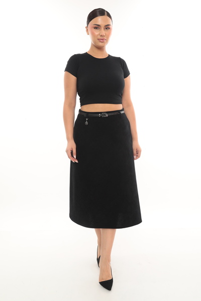 EXİTLİNE Women's Winter Classic Velvet Black Skirt with Belt and Accessories