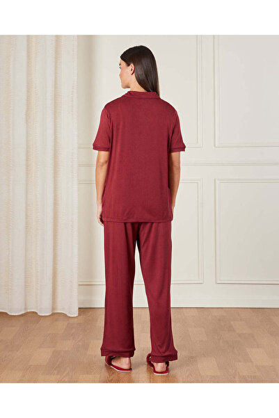 REDTAG Women Red Collared Pyjama Set (2 Piece)