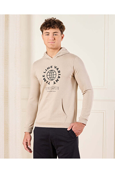 REDTAG Senior Boys Beige Time Line Variant Hooded Sweatshirt