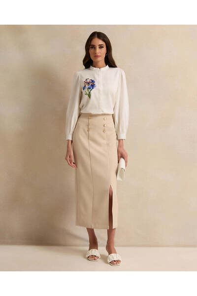 REDTAG Women Beige Skirt With Button Details