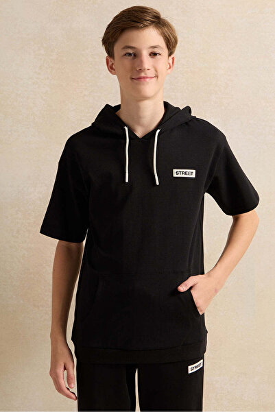REDTAG Senior Boys Black Hooded T-Shirt