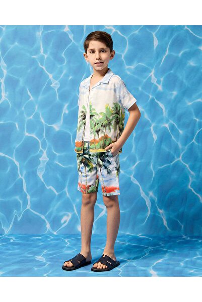 REDTAG Boys White Palm Tree Allover Print Swim Shorts