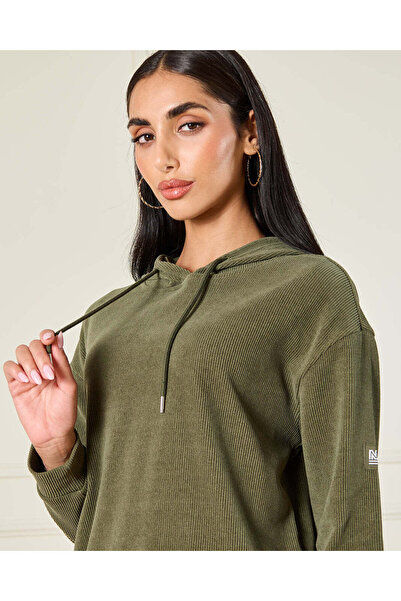 REDTAG Women Olive Hooded Sweatshirt