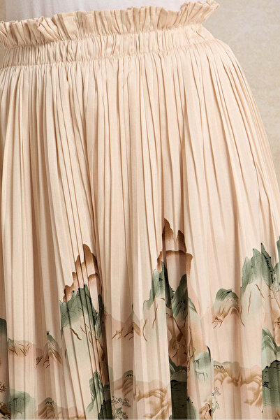 REDTAG Women Beige Pleated Printed Satin Trouser