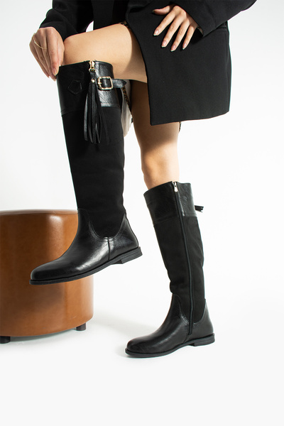 Gökçe Shoes Nicola Siyah Süet Püskül Detay Kadın Çizme