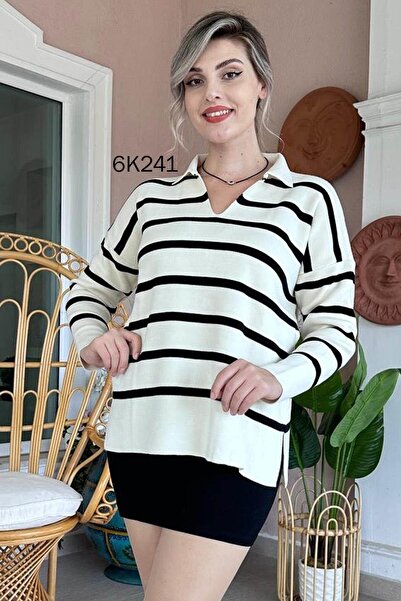 İnce Topuk بلوزة تريكو مخططة بياقة بولو 6k241