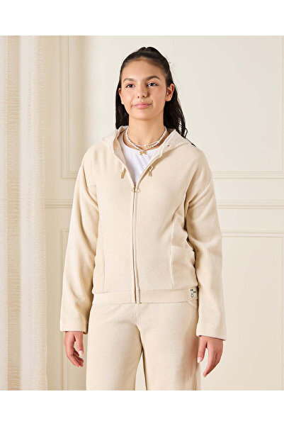 REDTAG Senior Girls Cream Hooded Zipper Front Sweatshirt