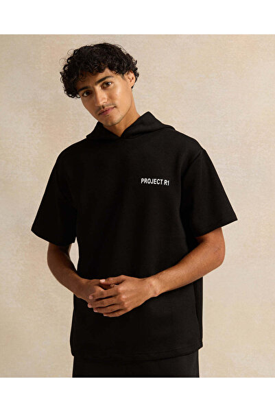 REDTAG Men Black Hooded Printed Lounge Sweatshirt