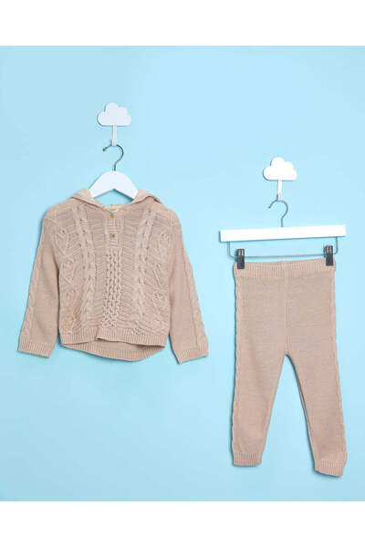 REDTAG Infant Girls Beige Hooded Knit Set (2 Piece)