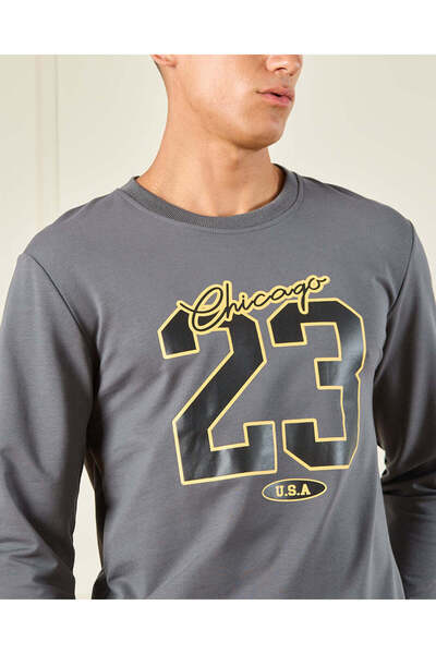 REDTAG Men Charcoal Printed Sweatshirt