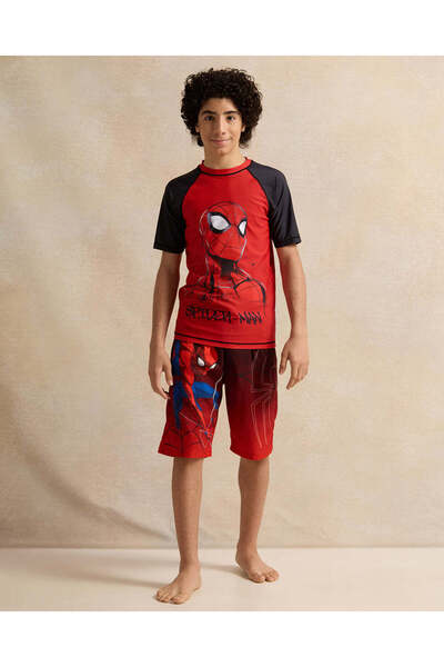 REDTAG Senior Boys Red Spiderman Print Swim Shorts