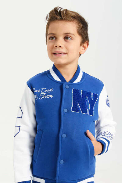 REDTAG Boys Navy And White Bomber Front Open Sweatshirt