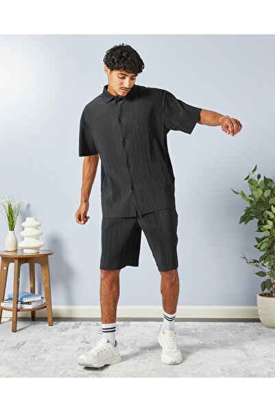 REDTAG Men Black Ribbed Lounge Shirt