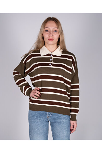Kadın Çizgili Polo Yaka Triko Sweat – Rahat Günlük Casual Kazak