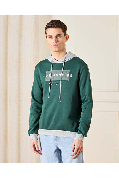 REDTAG Men Green Printed Hooded Sweatshirt