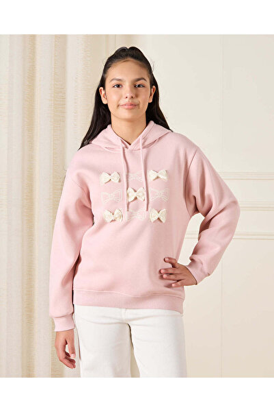 REDTAG Senior Girls Pink Hooded Sweatshirt Embellished With Bow