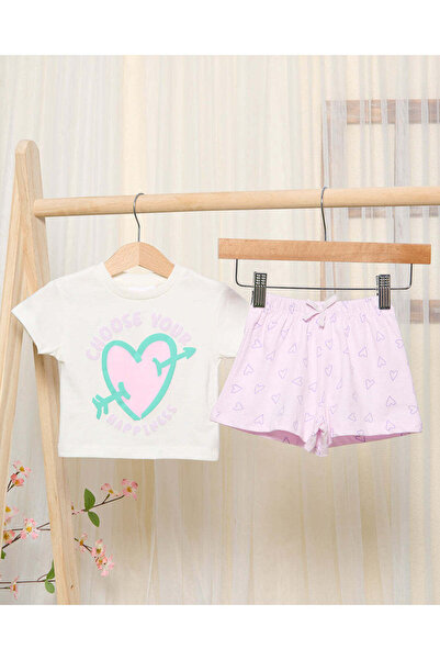 REDTAG Infant Girls White Heart Print Short Set (2 Piece)