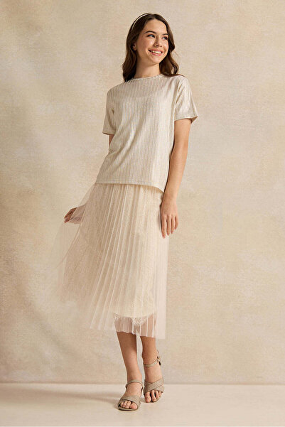 REDTAG Senior Girls Cream Pleated Lace Skirt