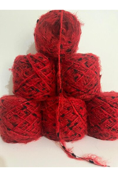 İPEK YÜN İPLİK DÜNYASI Moher Örgü İpi (Kırmızı) Ponpon İp (Siyah) Karışım 100gr