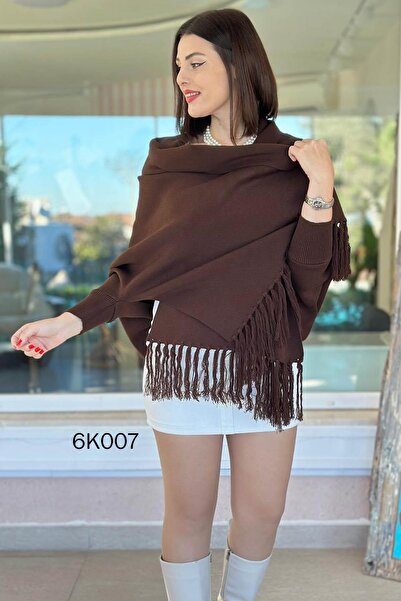 İnce Topuk Tasseled Knitwear Poncho 6K007