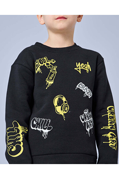 REDTAG Boys Black Printed Sweatshirt