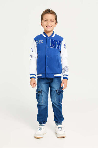 REDTAG Boys Navy And White Bomber Front Open Sweatshirt