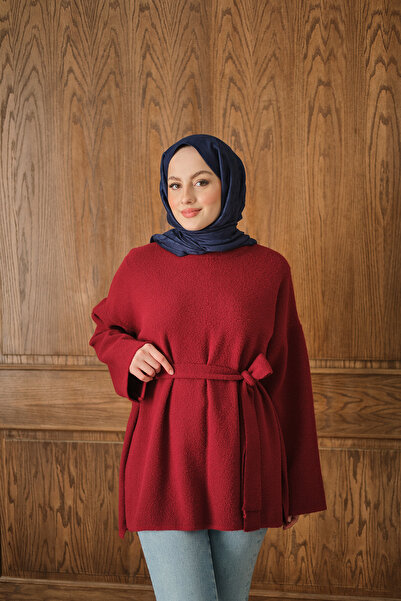 LOCCO Pulover de pluș cu detaliu curea pentru femei, roșu claret