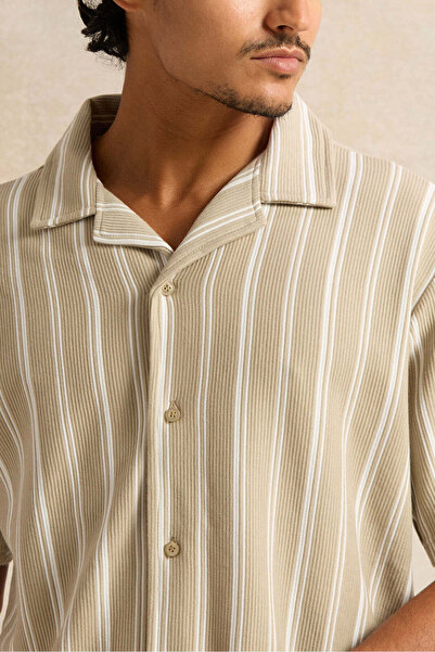 REDTAG Men Beige Lounge Striped Shirt