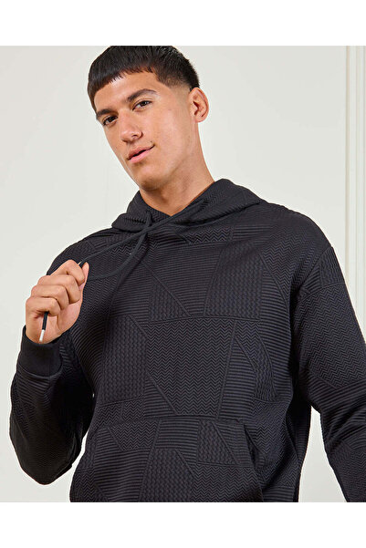REDTAG Men Black Jacquard Hooded Pullover