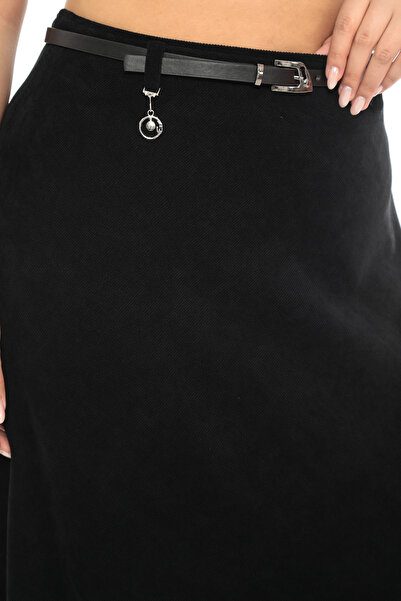EXİTLİNE Women's Winter Classic Velvet Black Skirt with Belt and Accessories