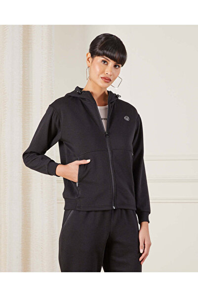 REDTAG Women Black Hooded Active Sweatshirt