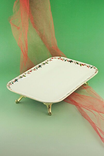 Bursa Porselen Dekor Christmas Gold Metal Footed Porcelain Tray