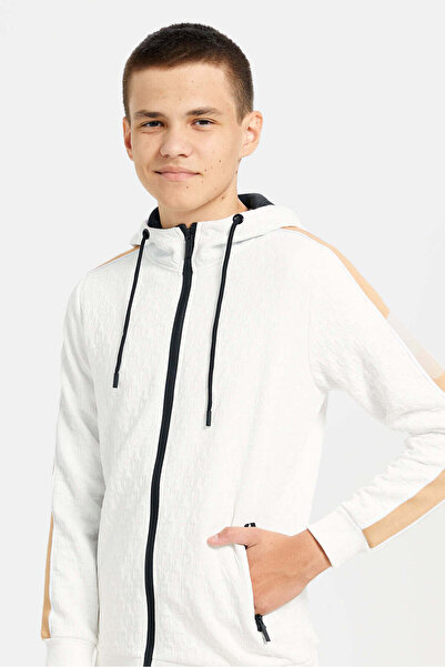 REDTAG Senior Boys White Embossed Hooded Sweatshirt