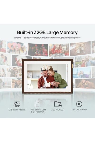 Arzopa WiFi digital photo frame 10.1 inch, 1280x800, 32GB, touchscreen, brown