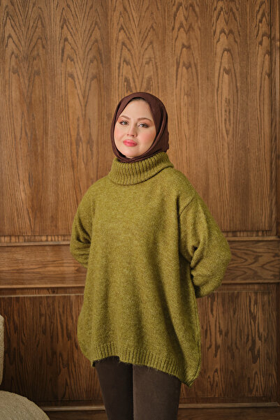 LOCCO Kadın Boğazlı Triko Kazak Yağ Yeşil